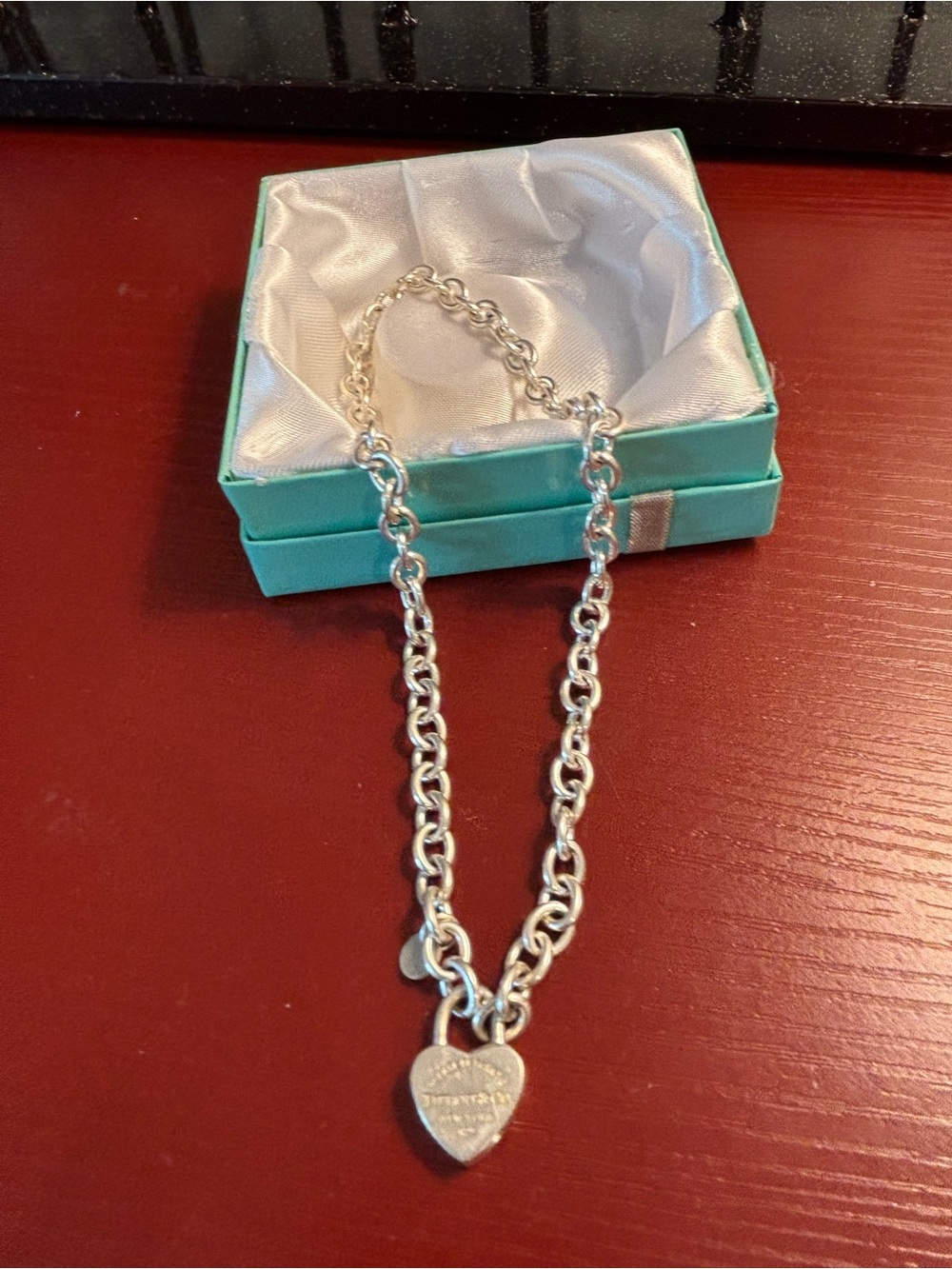 Authentic Tiffany & Co. Silver Heart Padlock Chain Necklace with Charm 16”